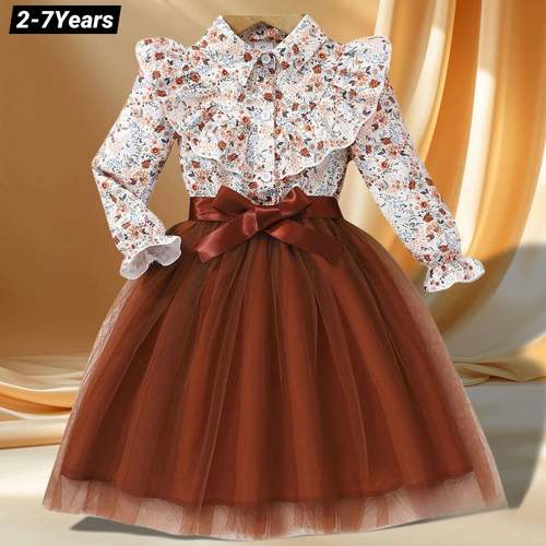 New Kids Girls Dress Long Sleeve Spring Autumn Gauze Belt Ch