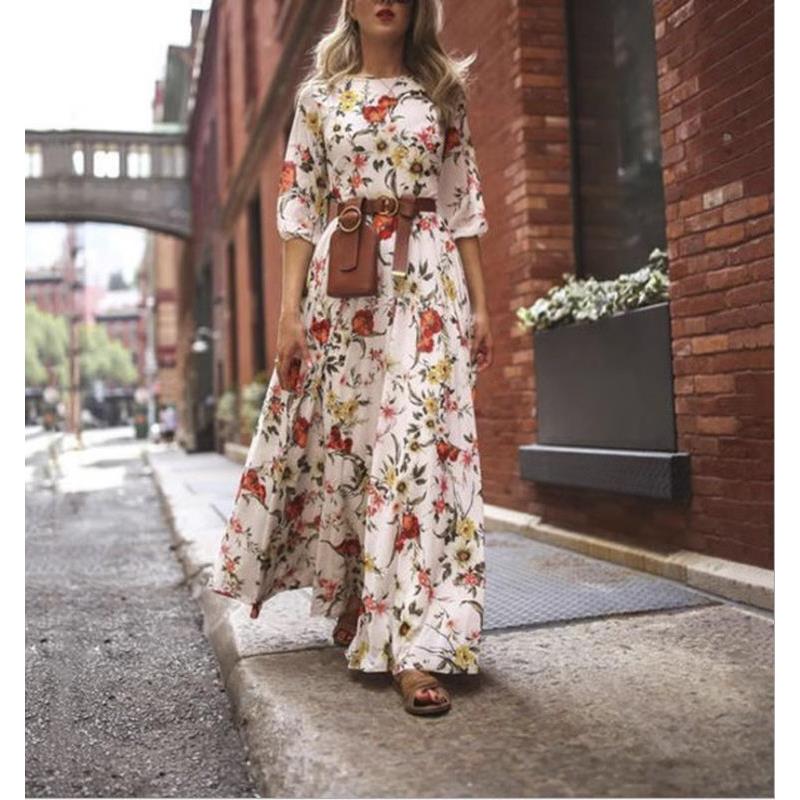 欧美风时尚春秋冬季新品热卖印花圆领大裙摆七分袖连衣裙女没腰带