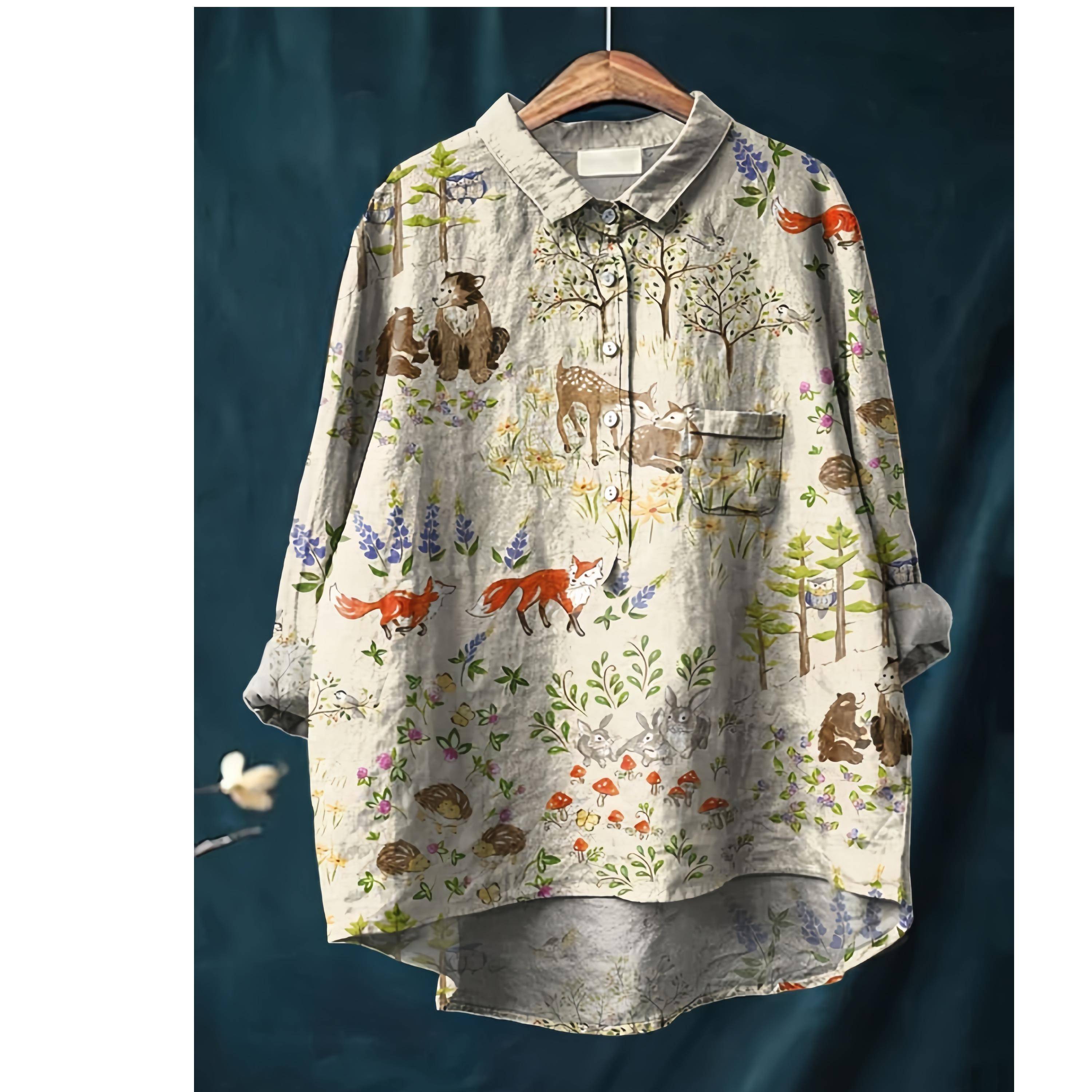 外贸女装2025秋季新款印花长袖跨境女士长袖衬衫棉麻大码上衣