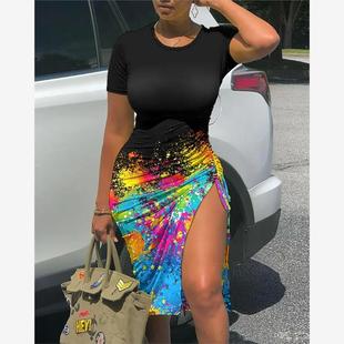 Print Drawstring Ruched 泼墨T恤裙 Slit Splash High Dress Ink