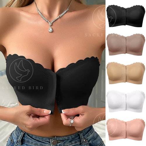 可拆卸隐形肩带防滑女士抹胸无痕波浪边薄款前扣性感美背聚拢