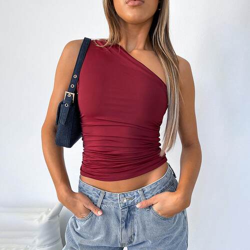 Single shoulder open back pleated vest top T-shirt for women