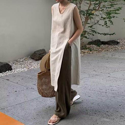 夏季新款日系外贸女装开叉v领棉麻背心连衣裙小众无袖宽松中长裙