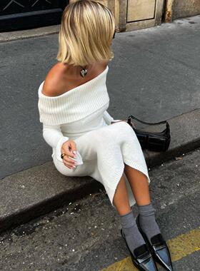 One line neck knitted split sexy knitted bottom skirt women
