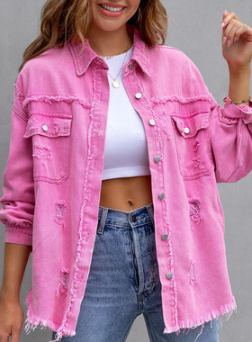 Women fringed solid color single-breasted washed denim shirt