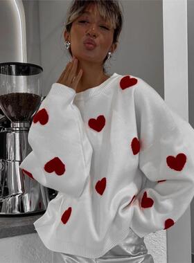 Love knitted sweater 欧美新款爱心圆领长袖百搭宽松针织毛衣女