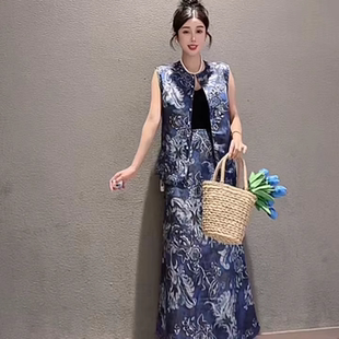 百搭重工无袖 女 新款 休闲套装 夏季 时尚 上衣 新中式 半身裙网红同款