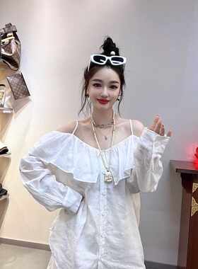 欧洲站2026早秋新款白色性感漏肩荷叶边显瘦百搭芭比娃娃系连衣裙