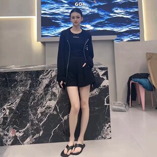 夏季新款韩版简约百搭字母印花长袖拉链外套+短裤休闲时尚套装女