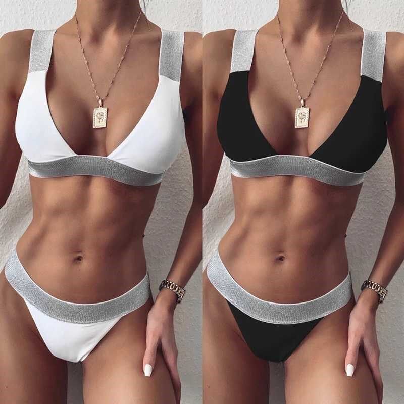 欧美新款金丝绷带比基尼性感纯色高腰泳装2020外贸泳衣沙滩Bikini