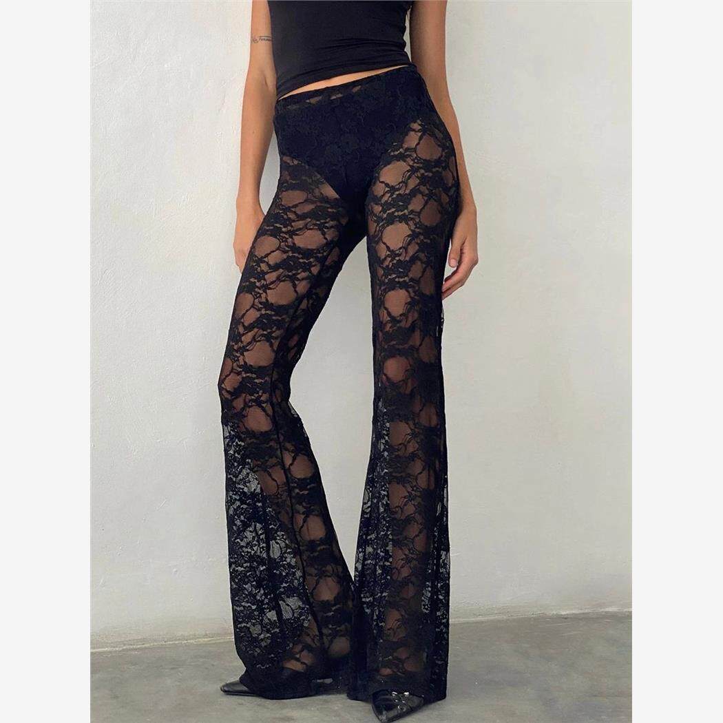 Lace printed pants with straps women女式绑带蕾丝印花连体长裤