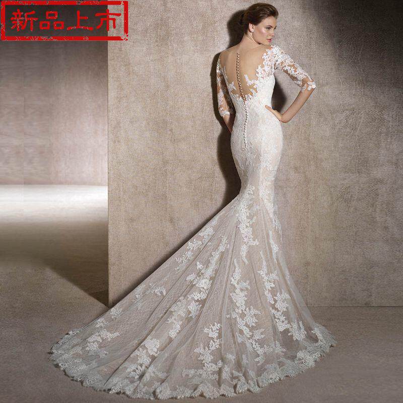 2019 Spring The new 6 bride fish tail Wedding dress full dress Tailing Waist one word Show thin Lace Long sleevein the Women's clothing/Boutique , Wedding/Cheongsam/Formal dress , Wedding  category - from Buy2taobao.com to provide professional Taobao agent buy service