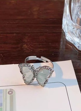 2026新中式淡蓝色蝴蝶戒指女小众气质清冷感镶钻开口食指戒个性配