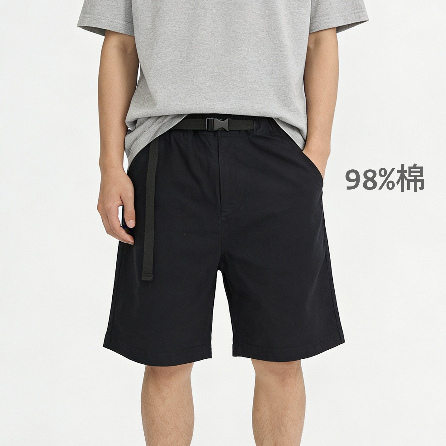 98%棉腰带款休闲短裤男 夏季宽松直筒工装五分裤阿美咔叽日系中裤