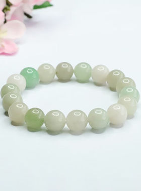 岐昌堂内蒙古佘太翠手串细糯白绿圆珠手链单圈玉石民族男女饰品生