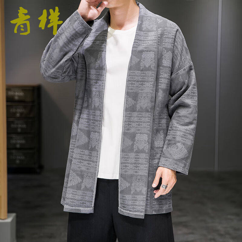 青样秋季提花棉麻休闲中长款外套复古道袍风衣男士中国风对襟开衫