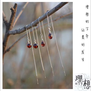 手工定制天然酒红刻面水滴石榴石长款925纯银耳线耳饰耳环 生辰石
