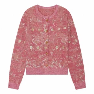 现货毛衣2026春季绵羊毛混纺刺绣短款圆领粉红色毛织开衫2K1YE33