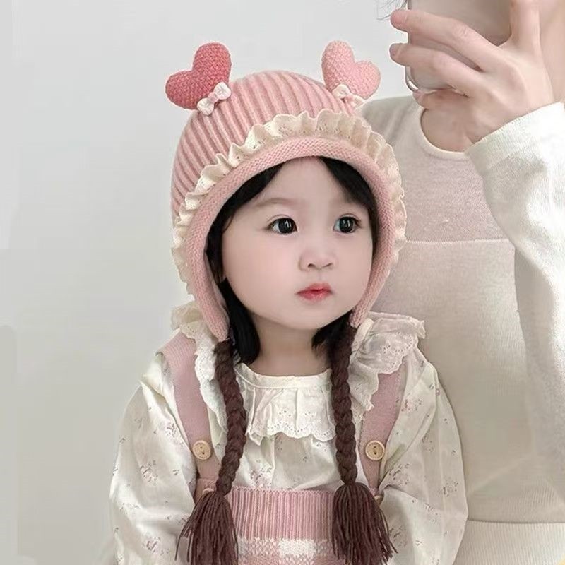 宝宝假发帽婴儿冬季保暖加厚女童可爱带辫子护耳套头针织毛线帽子图片