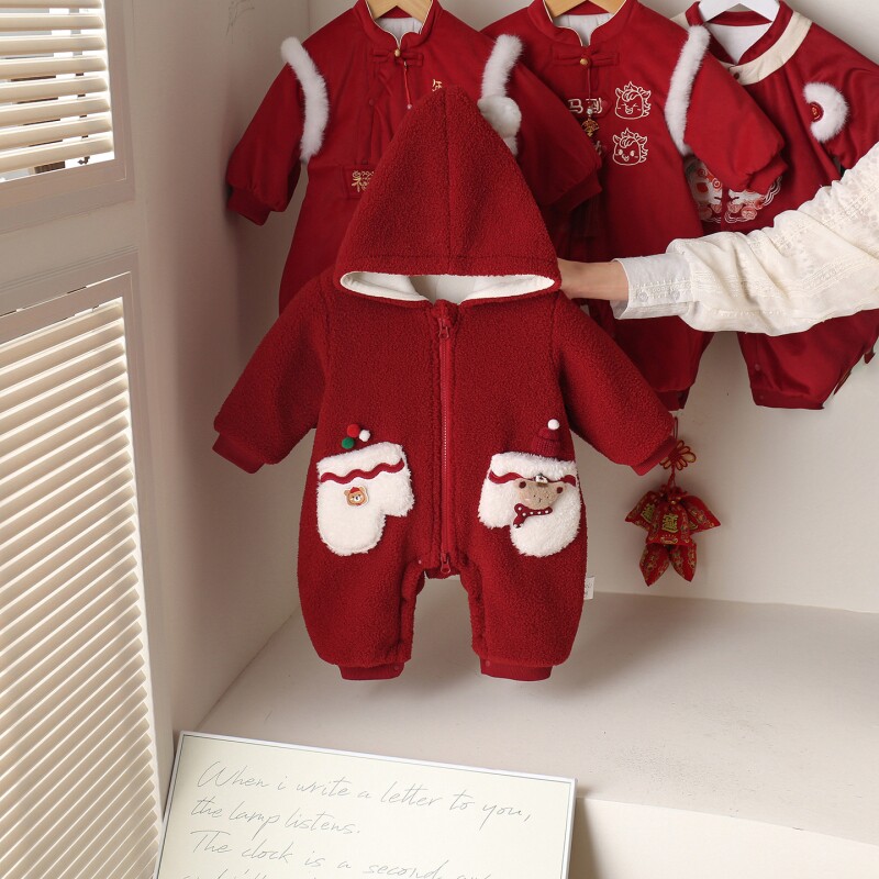 宝宝圣诞连体衣服冬季加厚保暖婴幼儿过新年外出穿搭红色拜年棉服