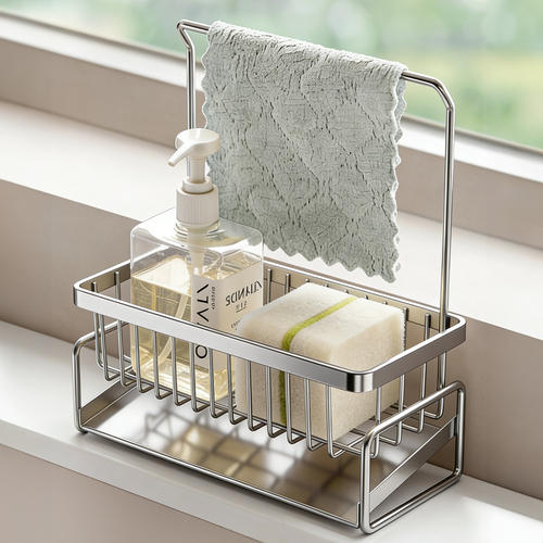 贝凯304不锈钢水槽置物架海绵抹布架沥水篮收纳架水池斜坡置物架
