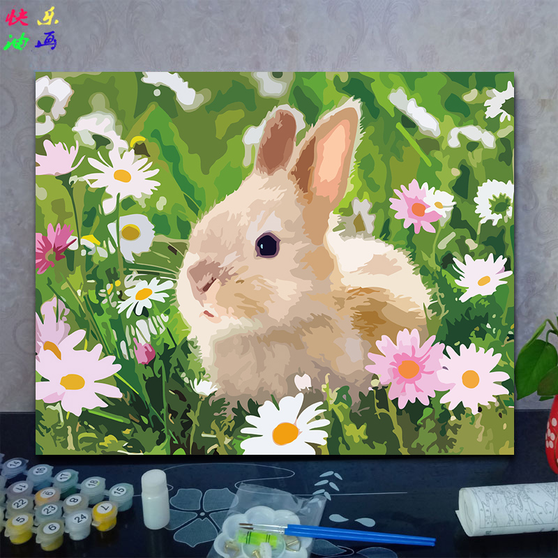 diy数字油画兔子动物兔年大吉可爱小白兔客厅手工填色丙烯装饰画图片