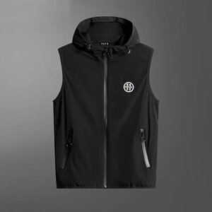 春秋马甲男防晒衣连帽马甲男黑色运动背心宽松透气速干潮流坎肩