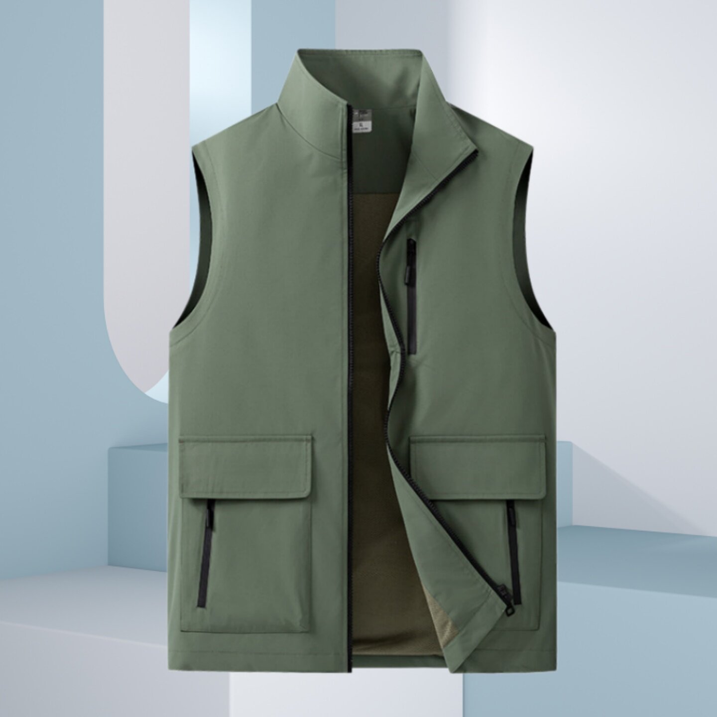 2026年春季户外工装风立领拉链马甲男多口袋春秋休闲背心军绿色