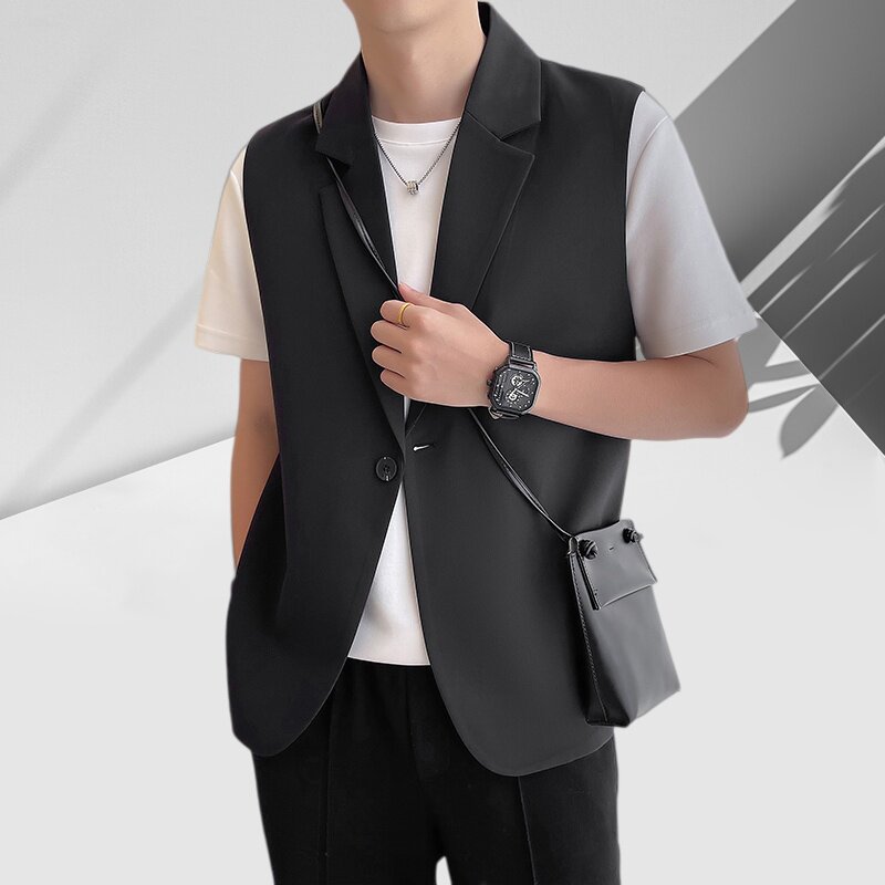 春季新款西装领马甲男黑色单排扣无袖潮流高级感发型师小西服背心