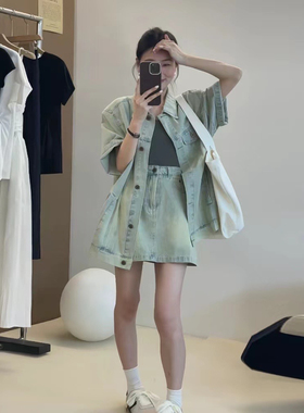 u m由米今年流行欧货时尚洋气减龄高级感牛仔外套短裙两件套装