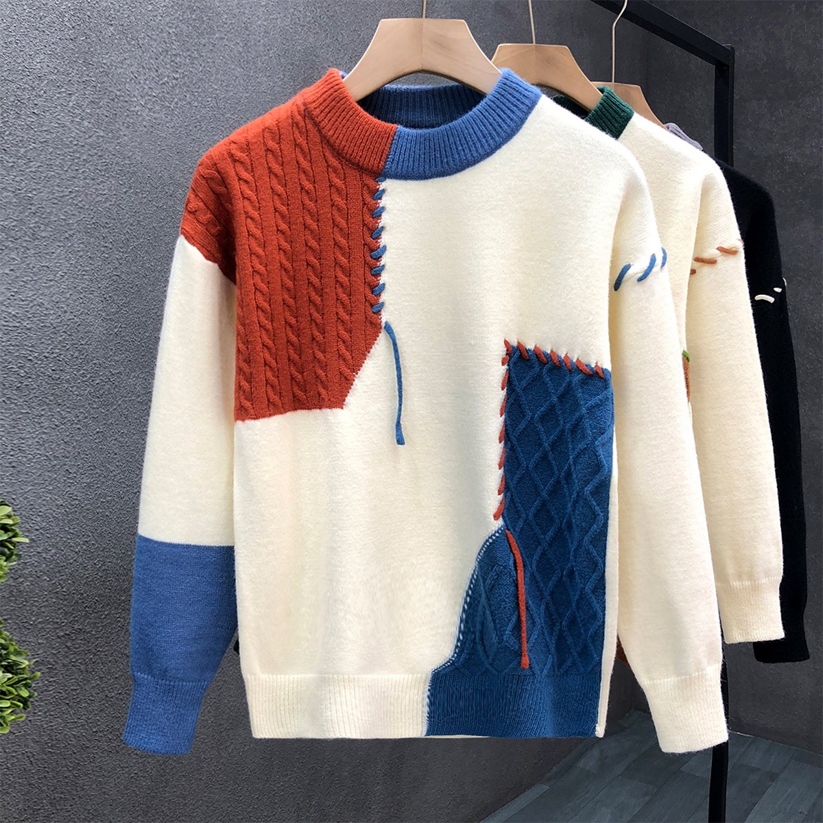 拼接撞色毛衣男冬季美式休闲个性设计感针织衫男宽松慵懒风毛线衣