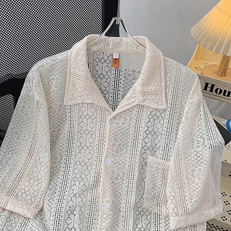 美式vintage古着镂空衬衫男生短袖夏季痞帅宽松情侣透气外穿衬衣
