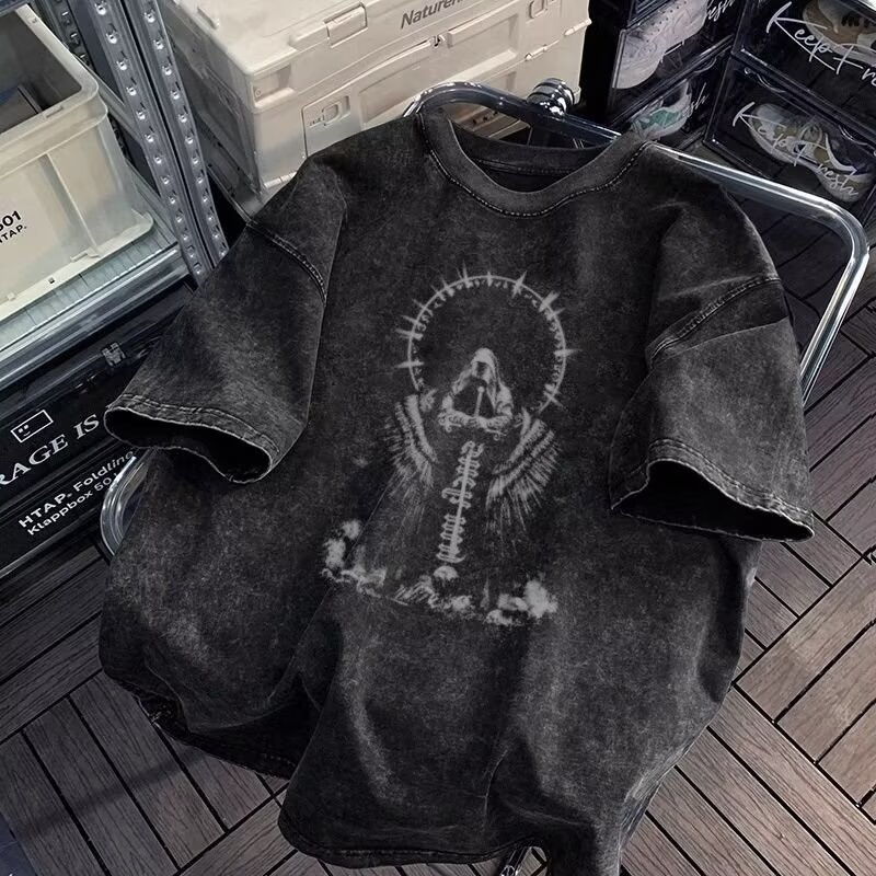 特大码300斤水洗做旧短袖T恤男女装重磅夏季潮牌半袖纯棉2025男士