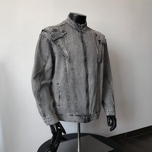美式 复古水洗做旧牛仔外套炸街小众设计感街头痞帅情侣机车夹克潮