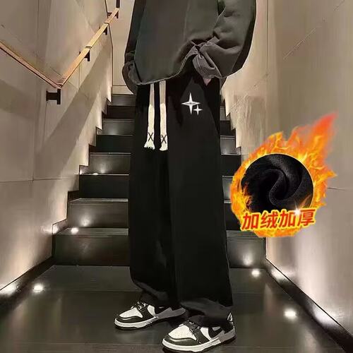 特大码300斤美式高街印花裤子男女秋冬季加绒运动休闲卫裤直筒裤