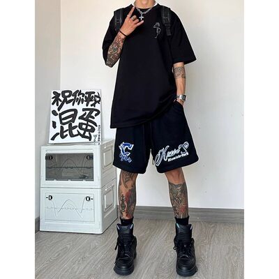 潮牌短裤男港风潮流ins五分裤男士美式纯棉大码宽松休闲运动裤子