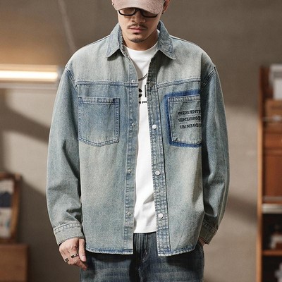 潮胖大码男牛仔衬衫外套肥佬衬衣