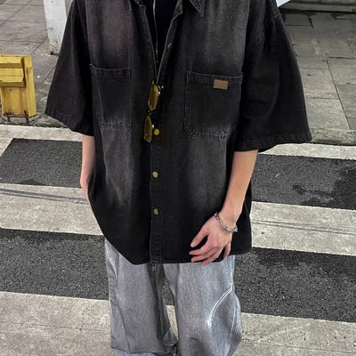 美式高街小众复古水洗泥染牛仔衬衫男潮牌短袖设计感宽松休闲衬衣