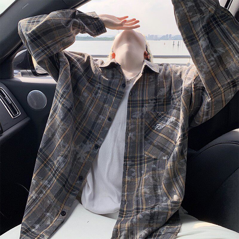 大码格子衬衫男款春秋季港风潮流