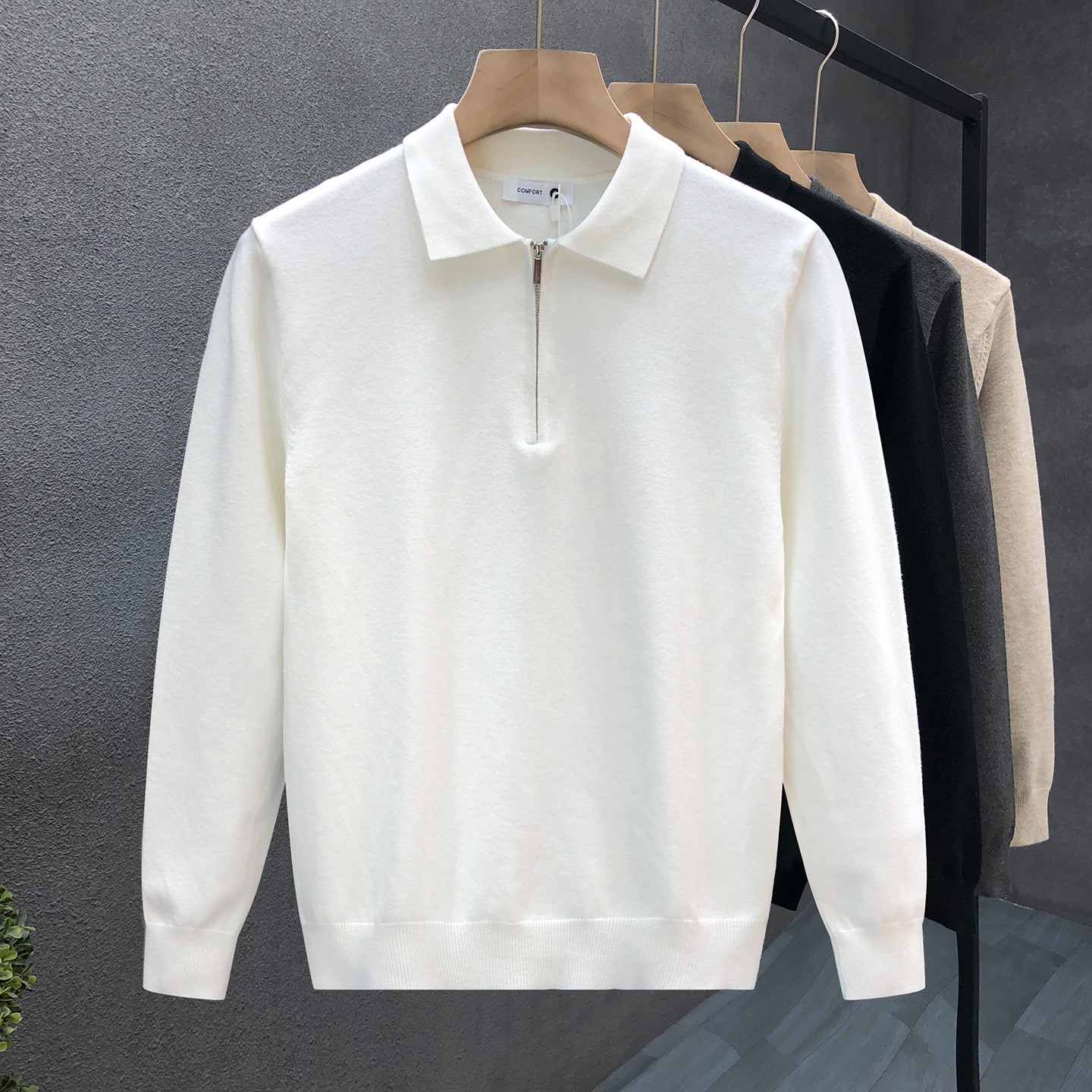 高品质半拉链翻领白色毛衣男潮流