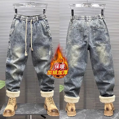 冬季复古水洗加绒牛仔裤男潮长裤