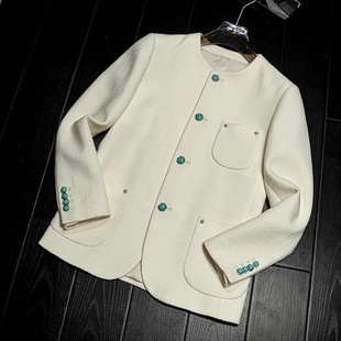 设计师男装白色短款小香风外套男春秋高级感男模穿搭上衣无领夹克