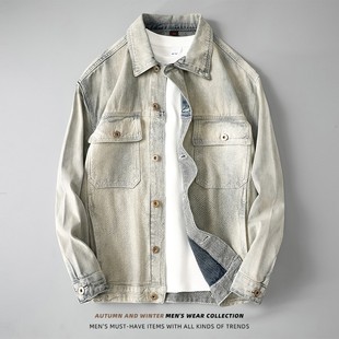 春秋季 土黄色复古做旧宽松牛仔外套青年落肩街头潮流拼接夹克男