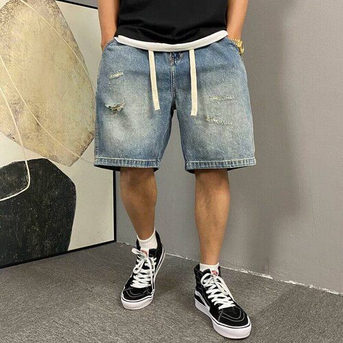大码300斤夏季男生破洞松紧腰