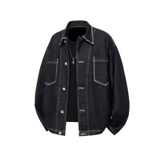 上衣 夹克男翻领工装 美式 复古丹宁色明线牛仔外套潮牌欧美街头短款