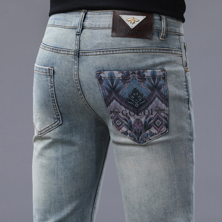 高端牛仔裤男士小直筒修身潮牌弹力高级感浅色休闲长裤子男春夏