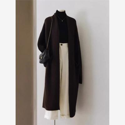 美拉德咖色中长款毛衣开衫外套女秋冬加厚高级感欧货过膝针织大衣