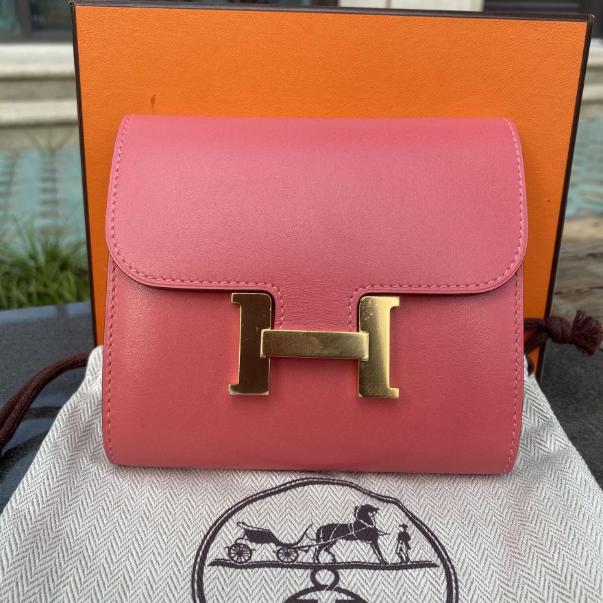 闲置品hermes 爱马仕唇膏粉金扣短款钱包 A刻全套带膜