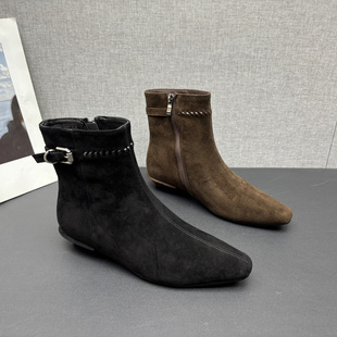 厂家断码2025冬新款真皮女鞋时尚复古风方头低跟羊反绒法式女短靴