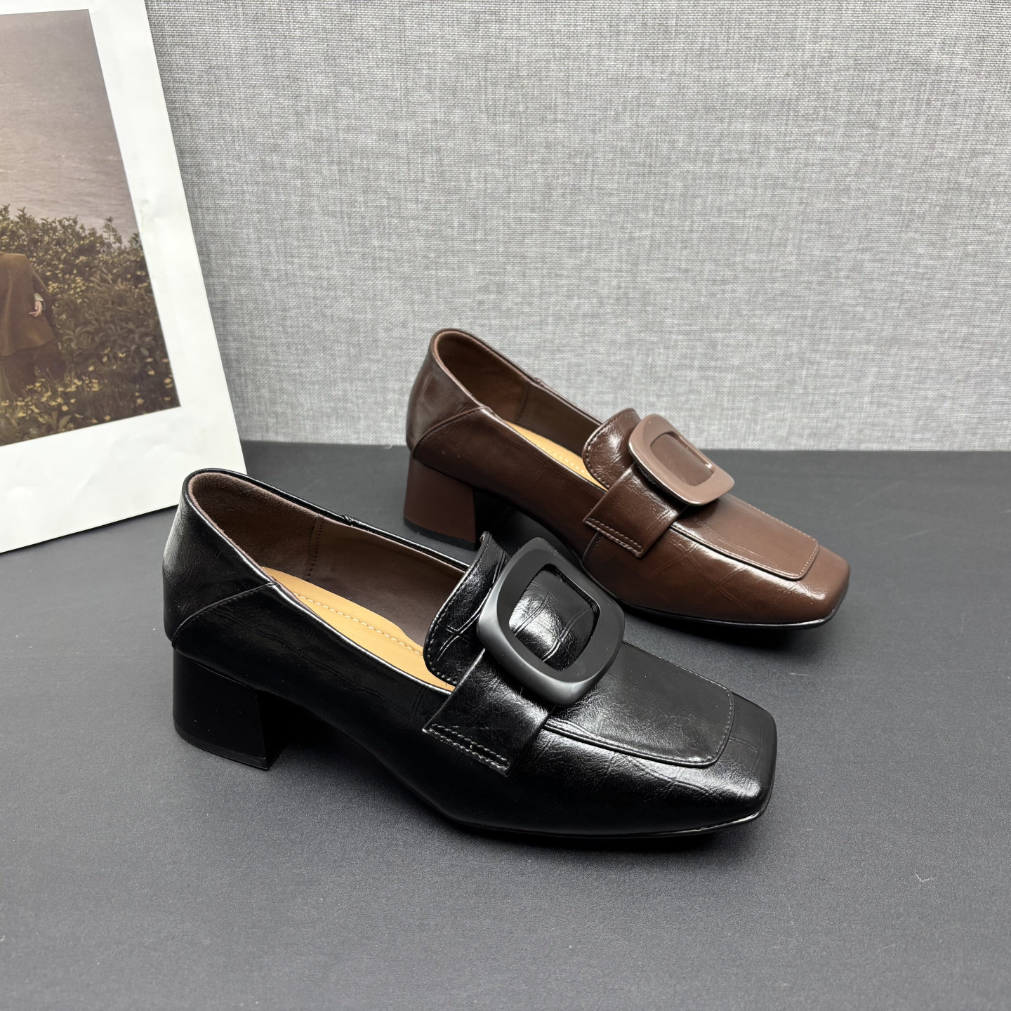 2026春新款真皮女鞋时尚方头粗跟气质优雅压花牛皮日常深口女单鞋,女鞋,深口单鞋,淘宝优惠券,粉丝福利购,淘宝优惠卷